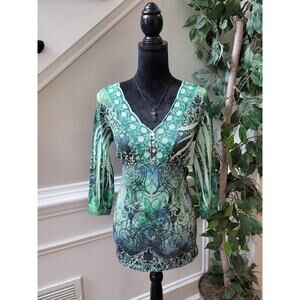 One World live and Let live Blouse Women's Size S Green V-Neck 100% Polyester